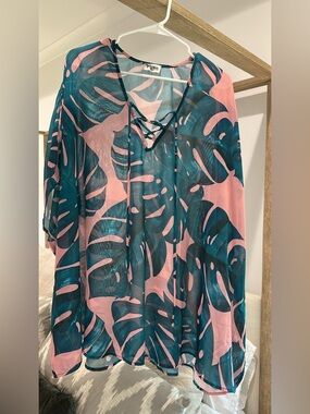 Show Me Your MuMu Sheer Tropical Leaf Lace-Up Blouse in Teal and Pink